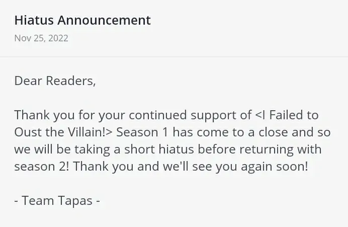 I Failed to Oust the Villain! [Official][Uncensored] - Hiatus Announcement manhwa