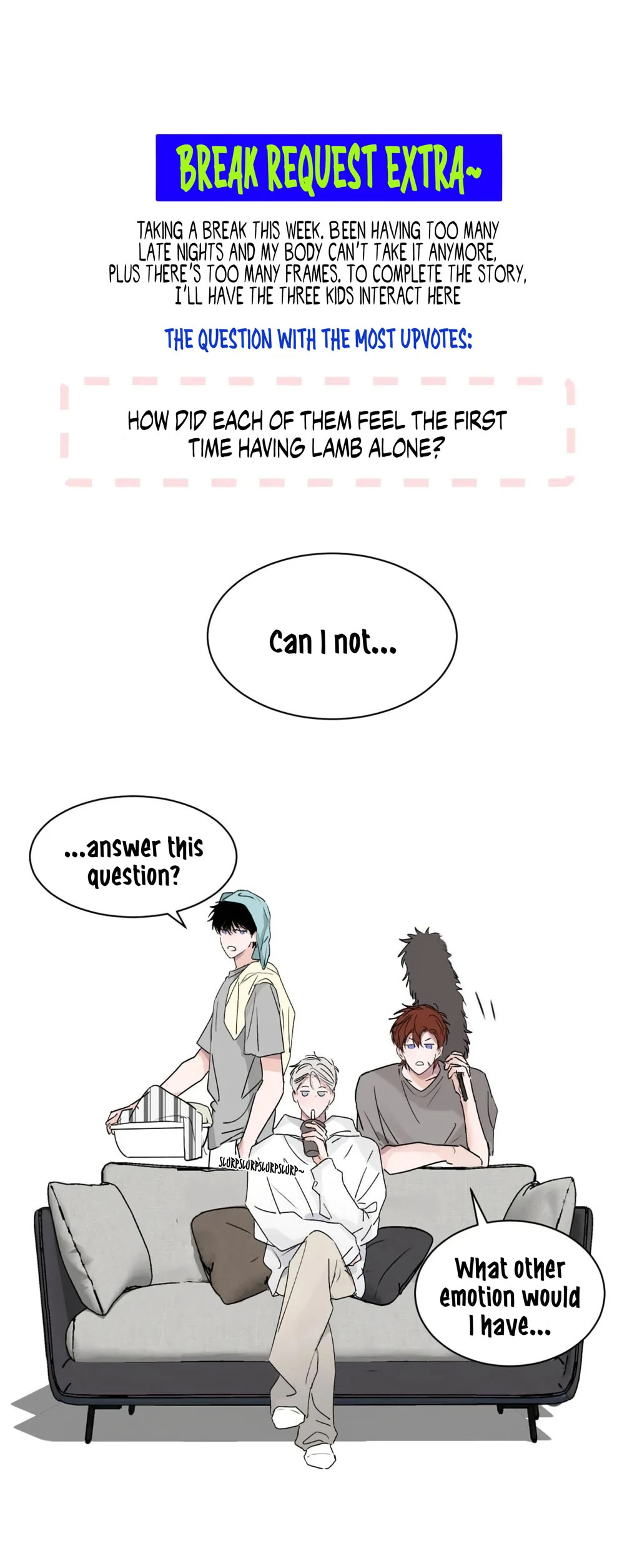 I became a first-class guide thanks to my childhood friends - Extra - Q: How did each of them feel the first time having lamb alone? manhwa